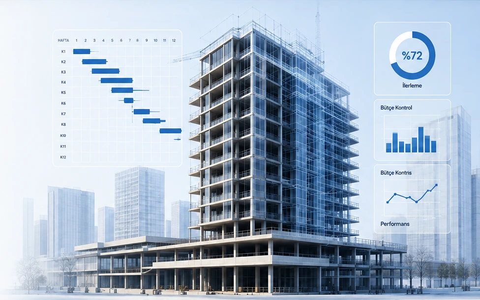 Planlama, BIM ve proje kontrol göstergeleriyle modern yapı görseli